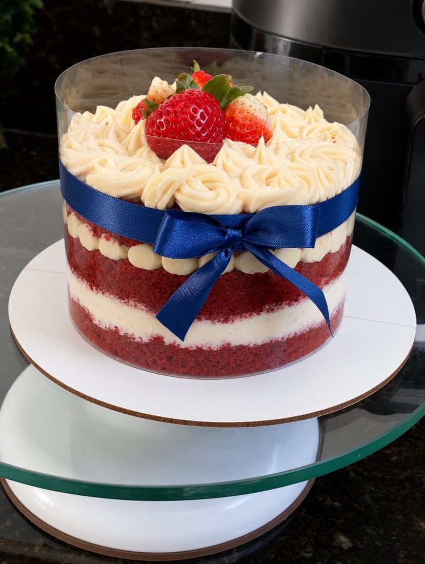 Bolo red velvet com creme, morangos e laço azul